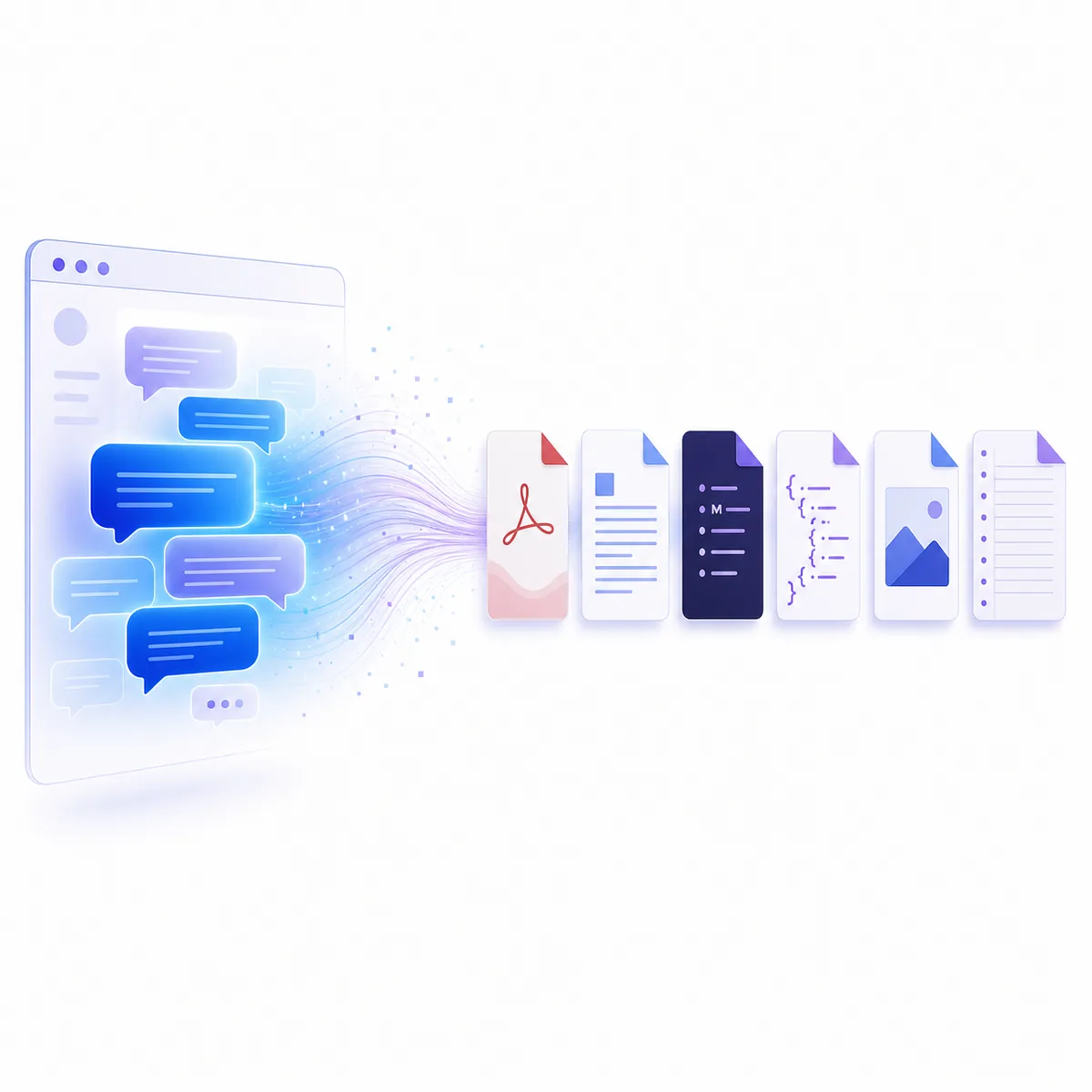 Editorial illustration of ChatGPT conversation bubbles flowing into several export file formats